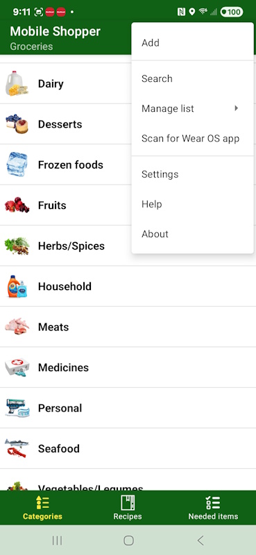 Main view Options menu